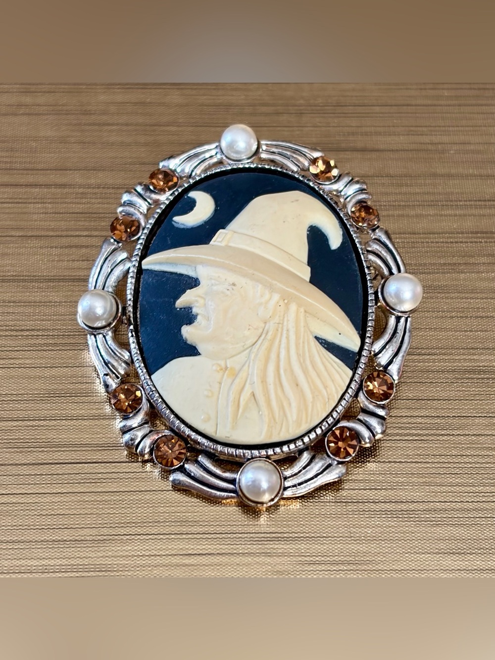 Witch Cameo Brooch in Black and Ivory with Pearl Accents